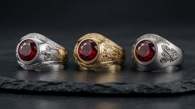 Tres anillos de graduación en plata, oro y acero sobre una superficie oscura