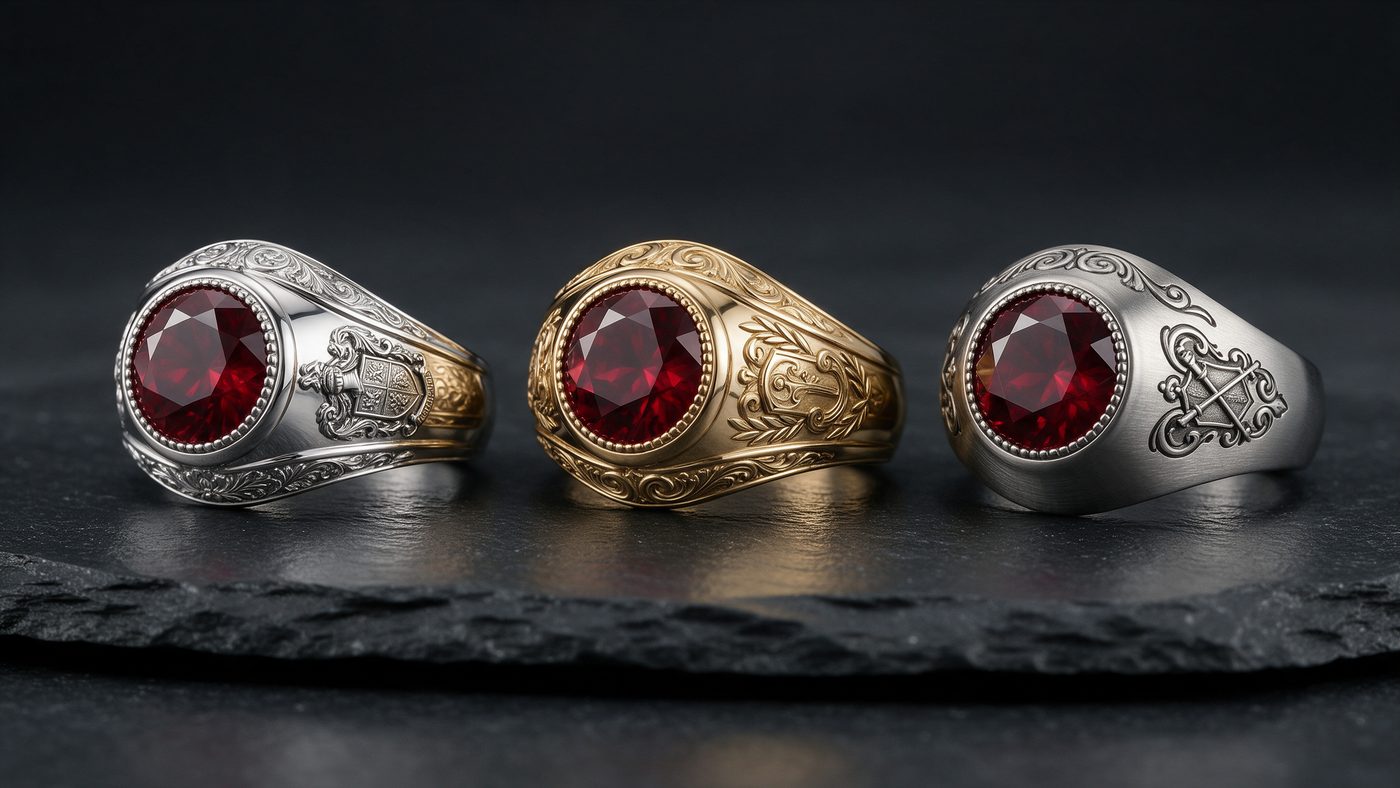 Tres anillos de graduación en plata, oro y acero sobre una superficie oscura