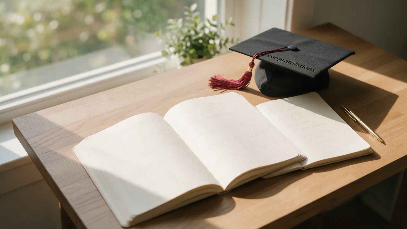 Calendario y agenda sobre un escritorio junto a un birrete de graduación