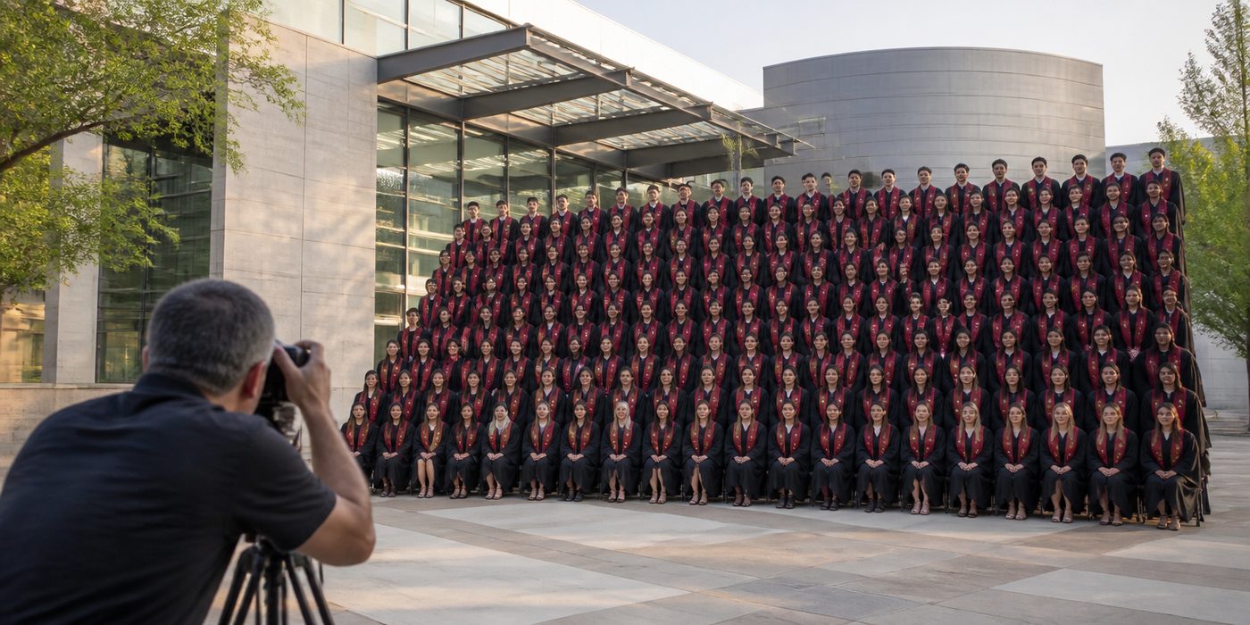 Generación de egresados posando para la fotografía oficial frente a su universidad