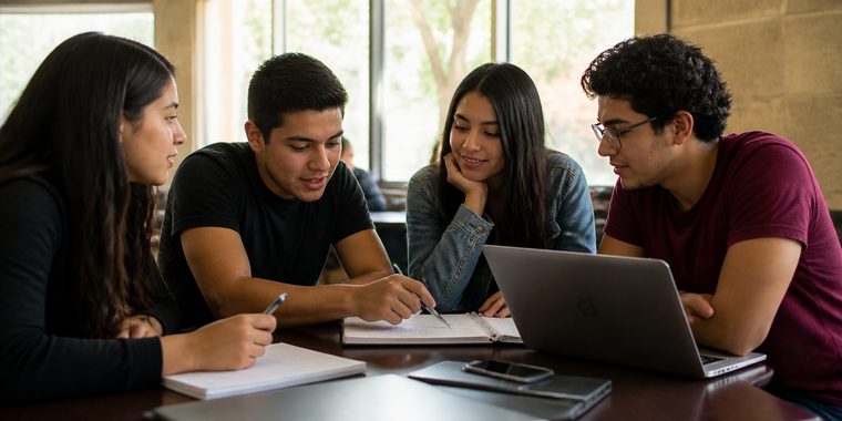Grupo de estudiantes universitarios reunidos alrededor de una mesa organizando su graduación