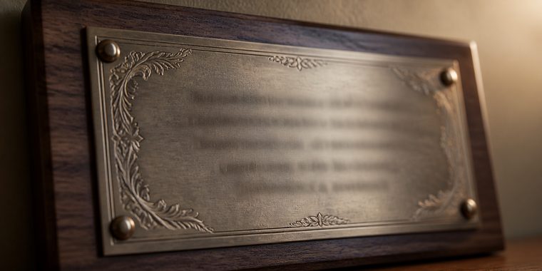 Placa de agradecimiento grabada montada sobre madera