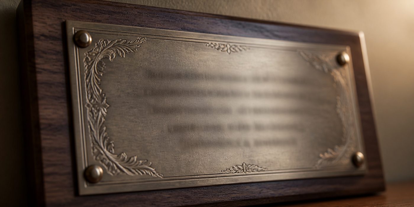 Placa de agradecimiento grabada montada sobre madera