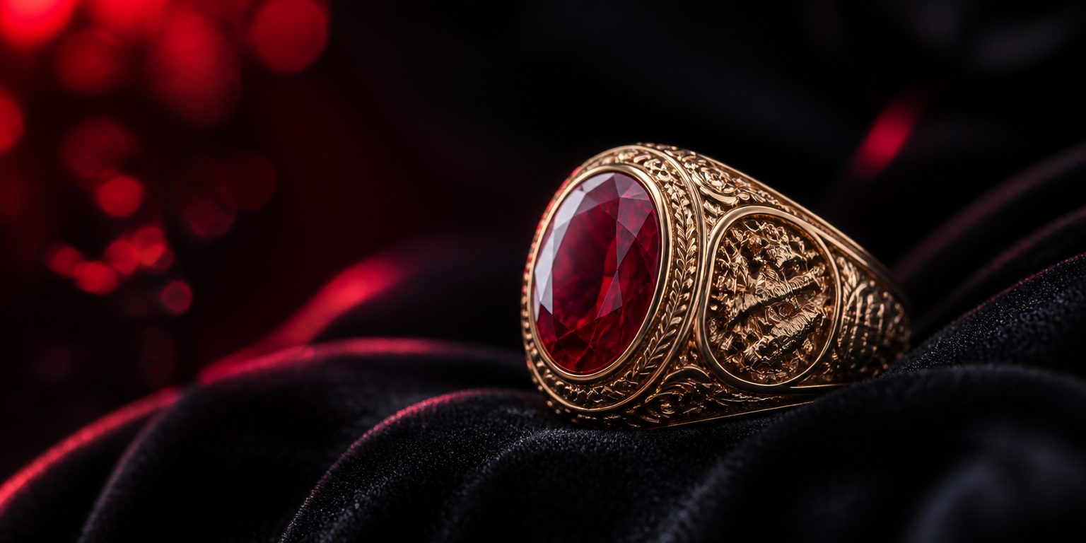 Anillo de graduación en oro con piedra vino sobre terciopelo negro