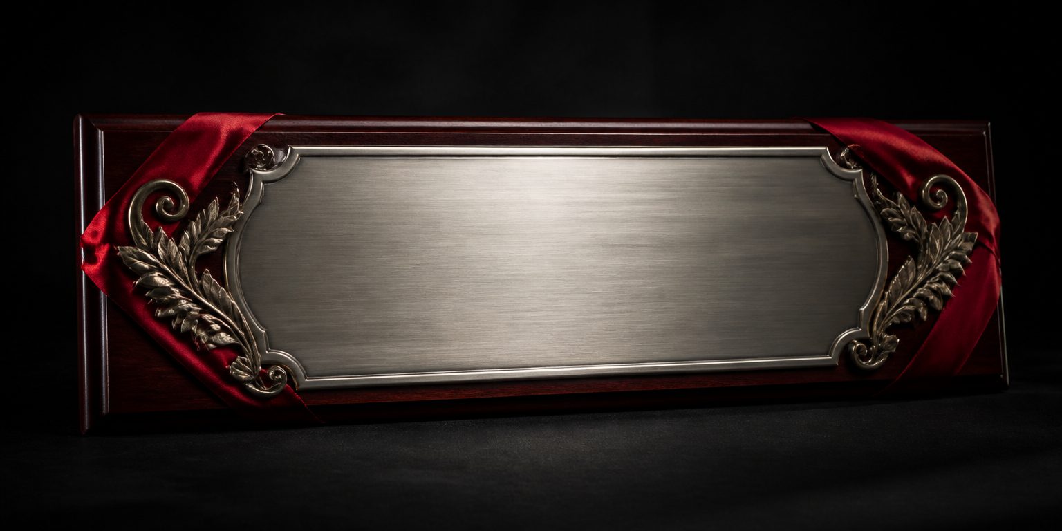 Placa conmemorativa de metal grabado montada en madera oscura